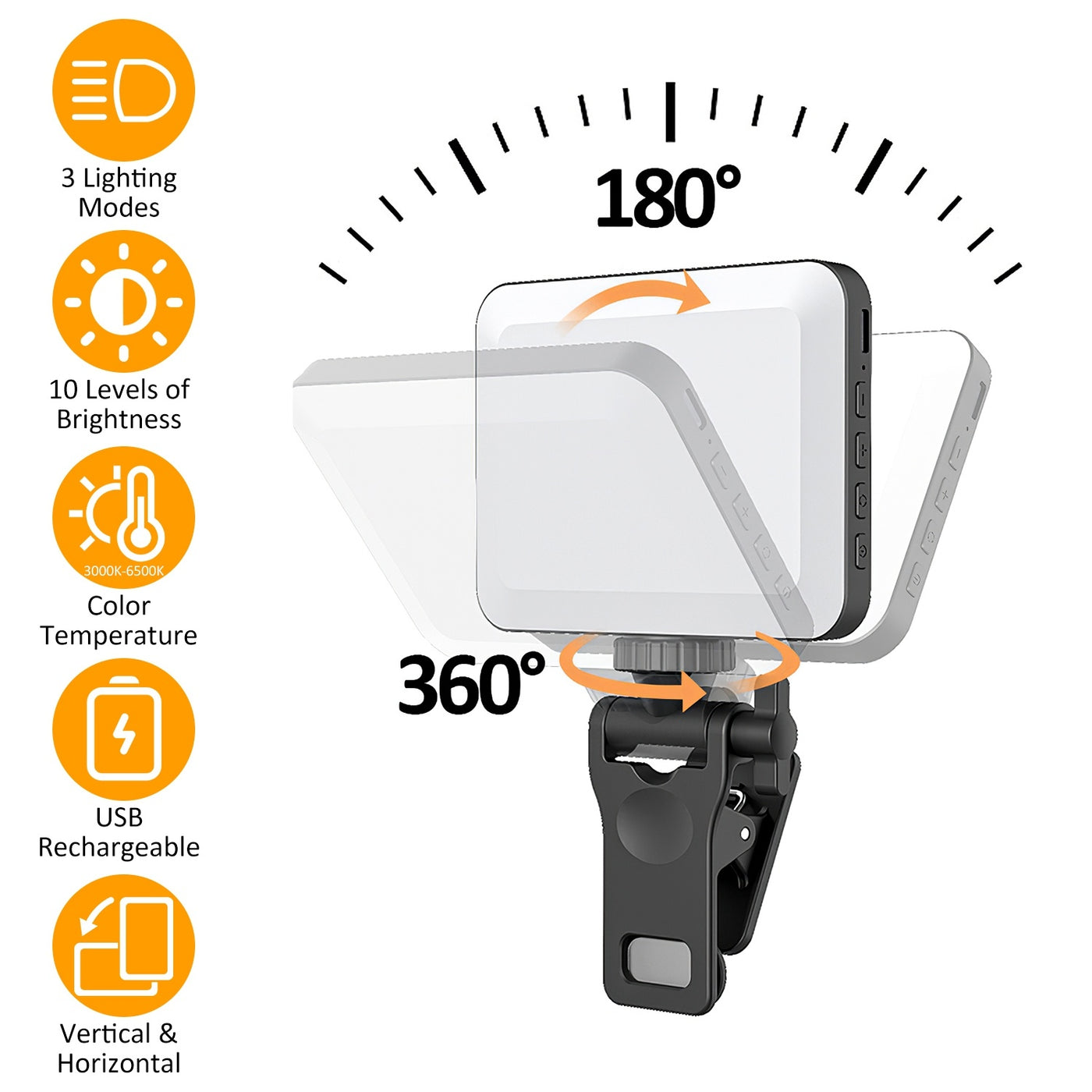 1Pc Rechargeable Selfie Light Fill Light 2000mAh Portable Clip On Light With 3 Light Modes 10 Brightness Levels For Phone Laptop Live Stream Make Up Photography