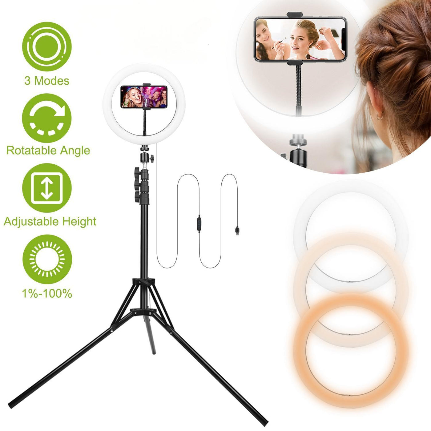 10in LED Selfie Ring Light Dimmable 120 LEDs Makeup Ring Lights With Adjustable Tripod Stand Cell Phone Holder USB Powered For YouTube Video Live Stream Makeup Photography