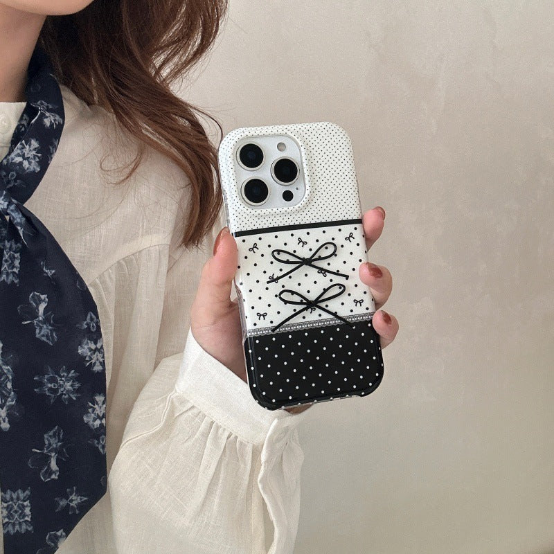 Black And White Polka Dot Stitching Stereo Bow Phone Case